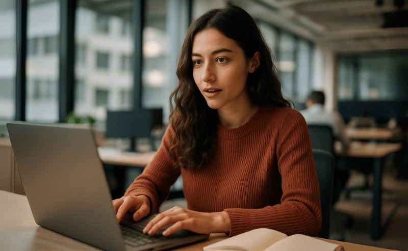 Uma jovem em um escritório moderno, concentrada em seu laptop, com expressão atenta e ambiente iluminado por luz natural suave