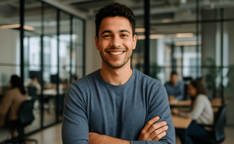 Um jovem sorridente de braços cruzados dentro de um escritório moderno, transmitindo confiança e satisfação em ambiente corporativo iluminado de forma natural