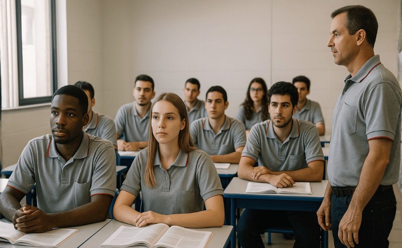 Uma sala de aula com alunos do Senai participando de uma aula prática