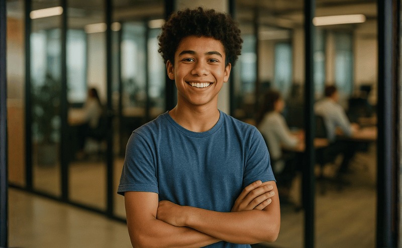 Um adolescente sorridente, de braços cruzados, está dentro de uma empresa moderna, com ambiente iluminado e profissionais ao fundo, transmitindo confiança e entusiasmo