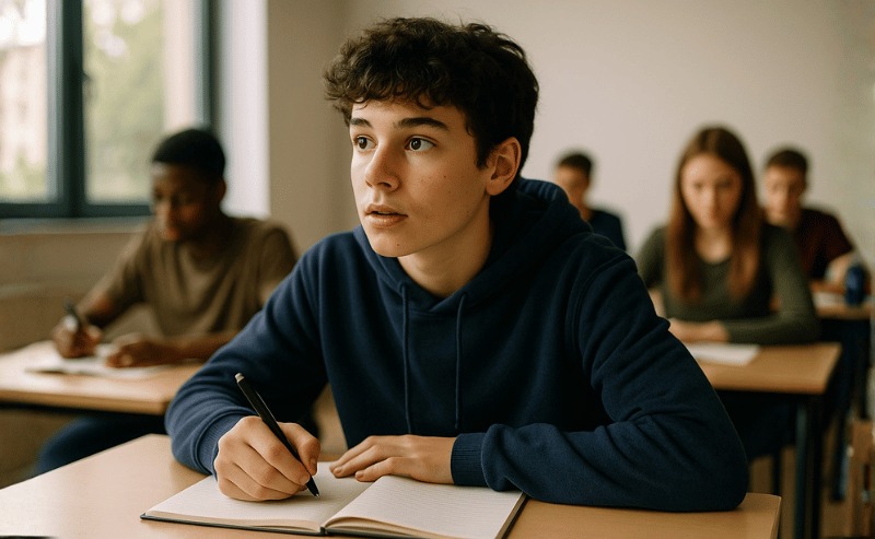 Uma pessoa em sala de aula, sentada à carteira, escrevendo em um caderno enquanto observa algo à frente, com iluminação natural suave e ambiente educacional realista ao fundo