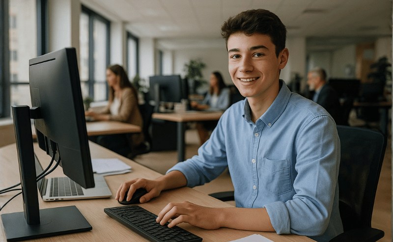 Um adolescente trabalhando em um ambiente corporativo, sentado diante de um computador, com expressão concentrada e postura profissional, em um escritório moderno e iluminado, transmitindo aprendizado e início de carreira